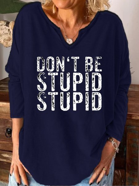 

Funny text print notched neck long sleeve shirt, Purplish blue, T-shirts