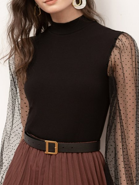 

Stand Collar Solid Slim Fit Top, Black, Tops