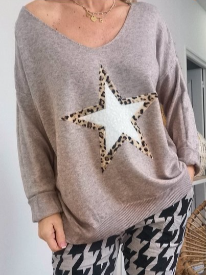 

Star Print Leopard Print Casual Loose Sweater, Khaki, Sweaters