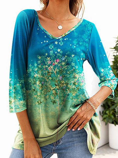 

Pastoral Floral Tie-dyed V Neck 3/4 Sleeve Tops, Flower, T-Shirts