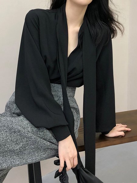 

Loosen Tie Neck Simple Top, Black, Blouses and Shirts