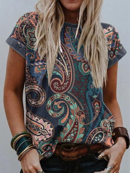 

Paisley Loosen T-shirt, As picture, T-Shirts