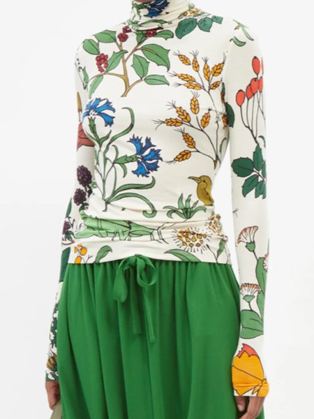 

Slim Fit Vacation High Neck Printed Top, As picture, Tops