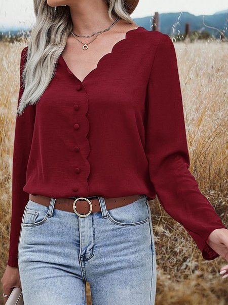 

Romantic V Neck Solid Loosen Shirts & Tops, Red, Blouses & Shirts