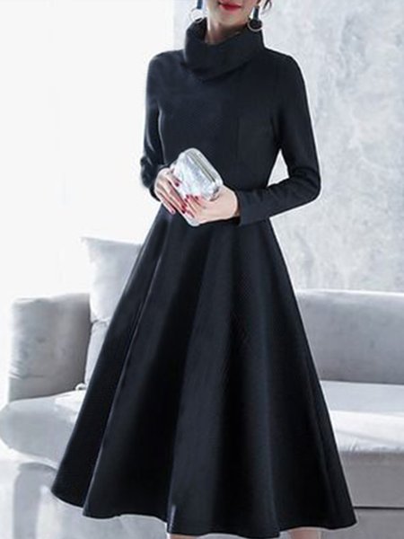 

Elegant Solid Stand Collar Slim Fit Sweater Dress, Black, Midi Dresses