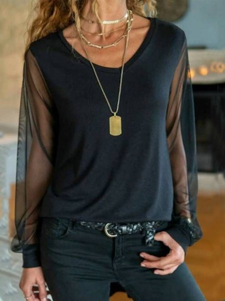 

Casual V Neck Loosen Long Sleeve Shirts & Tops, Black, Tops