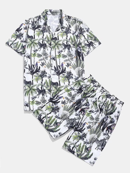 

Leisure Vacation Palm Leaf Plant Animal Hawaii POLO Print Top, As picture, Men's sets