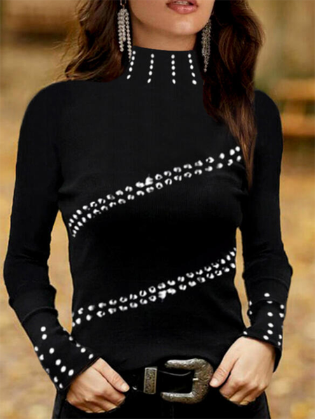

Long Sleeve High Neck Casual Shirts & Tops, Black, T-Shirts