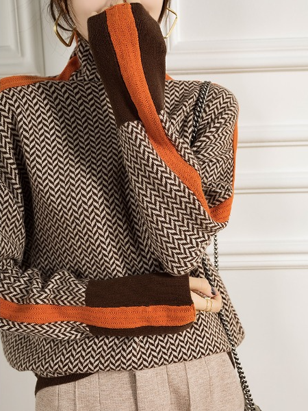 

Casual High Neck Sweater, Brown, Tops