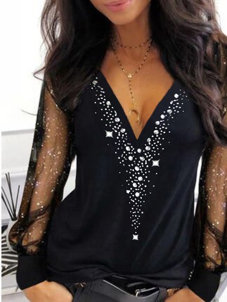 

Sequins Mesh Long Sleeve V Neck Sexy Casual Tops, Black, Tops