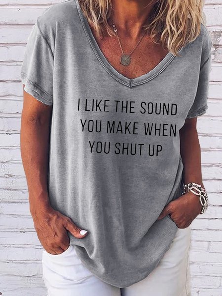 

Fun text printed V-neck short-sleeved T-shirt, Gray, T-shirts