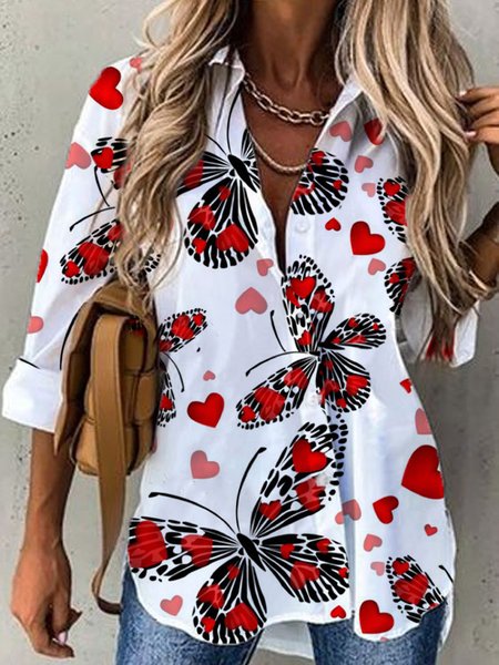 

Valentine's Day Shirt Collar Cotton Blends Casual Blouse, White, Shirts & Blouses