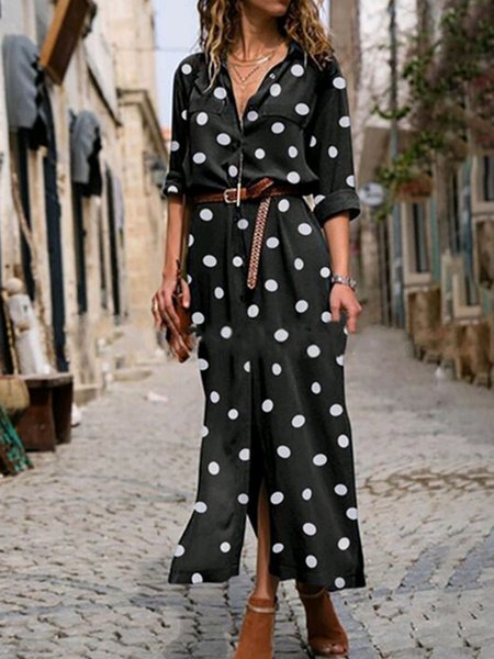 

Shirt Collar Daily Casual Maxi Dress, Black, Maxi Dresses