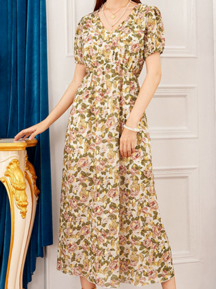 

Lady Elegant V Neck Printed Dresses, Multicolors, Floral Dresses