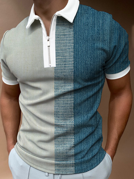 

Casual Retro Striped Print Hawaiian Lapel POLO, Blue, Polos