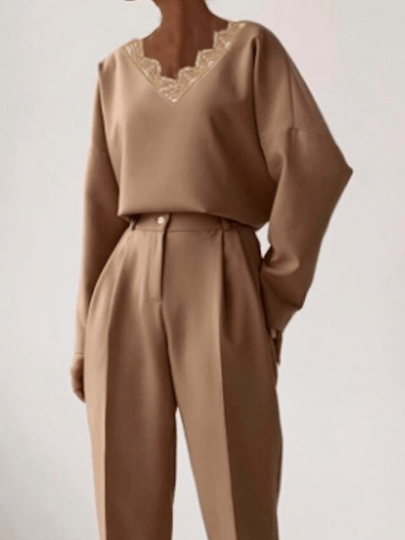 

Spring V neck Simple Daily Long sleeve Daily Tops, Khaki, Blouses and Shirts