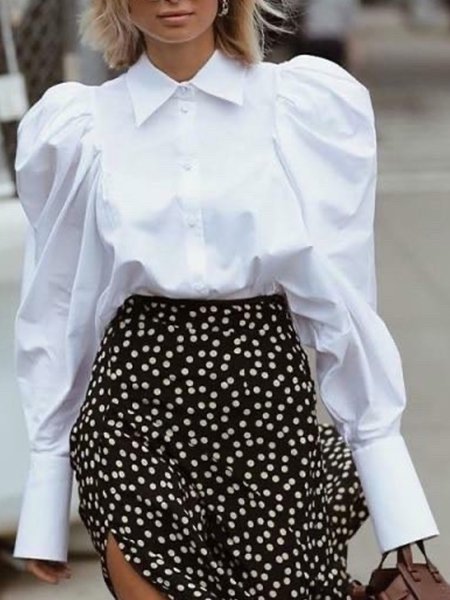 

Plain Loosen Elegant Shirt Collar Top, White, Blouses and Shirts