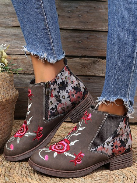 

Retro Ethnic Stitching Flower Embroidery Zipper Ankle Boots, Coffee, Boots