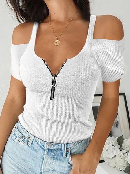 

Sexy Solid V Neck Zipper Tops, White, Tops