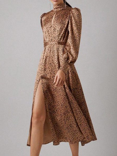 

Elegant Polka Dots Regular Fit Dress, Khaki, Midi Dresses