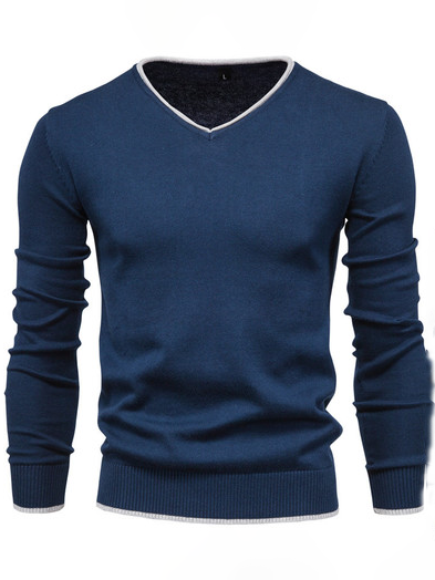 

Pure cotton spring and autumn V Neck Long Sleeve Sweater, Navy blue, Sweater
