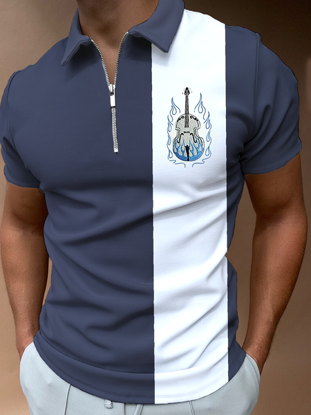 

Casual Retro Flame Guitar Hawaii Lapel POLO Print Top, Blue, Men's t-shirts