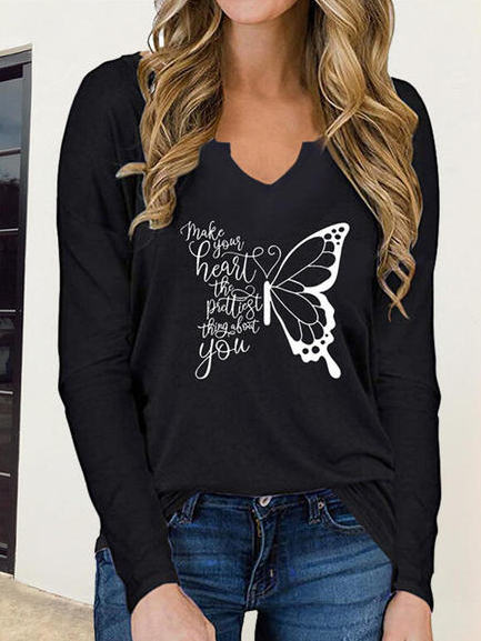 

Butterfly Printed Cotton Blends Loosen T-shirt, Black, Tees & T-shirts