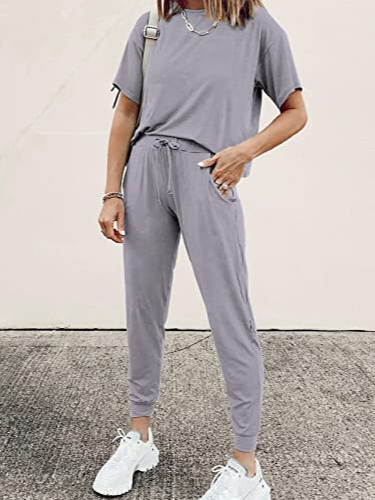 

Plain pocket suit Solid Cotton Blends Suits, Gray, Two-piece Outfits