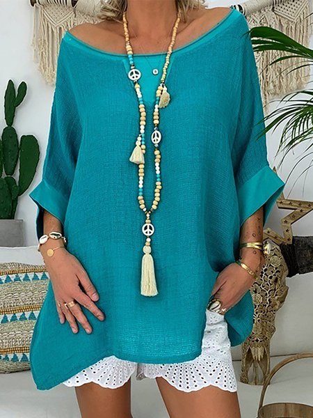 

Casual Solid Linen Three Quarter Sleeves Tops, Blue, Tops