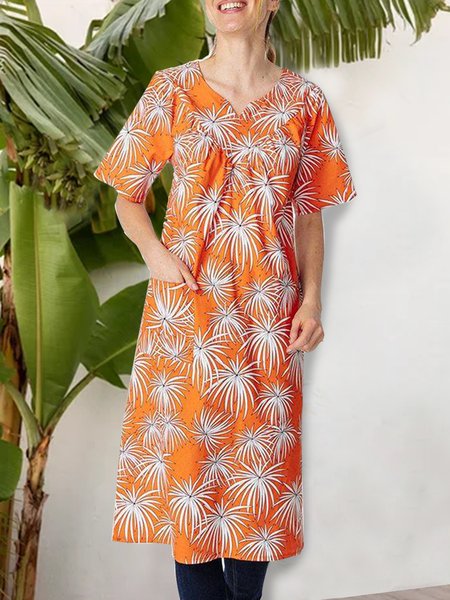 

Vibrant holiday tropical plant print V-neck chest pleated dress, Orange, Floral Dresses