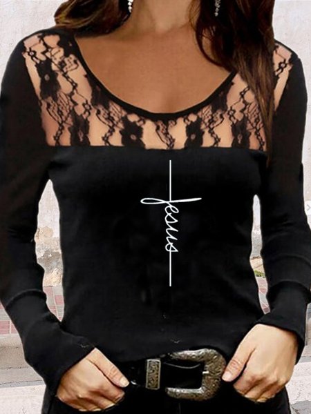 

Lace Letter Print Crew Neck Long Sleeve Tops, Black, T-Shirts