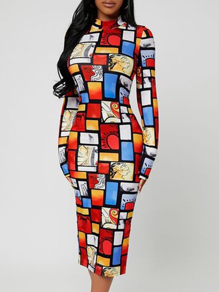 

Long sleeve Stand Collar Slim Fit Printed Dress, As picture, Midi Dresses