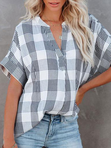 

Loose Grid Cotton Blends Short Sleeve Shirts & Tops, Black-white, Long sleeve tops