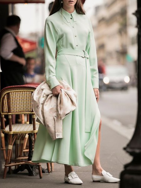 

Elegant Long Sleeve Solid Shirt Collar Dress, Green, Midi Dresses