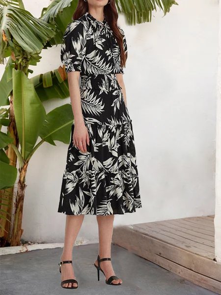 

Coastal vacation waist A-line plant flower dress, Black-white, Floral Dresses