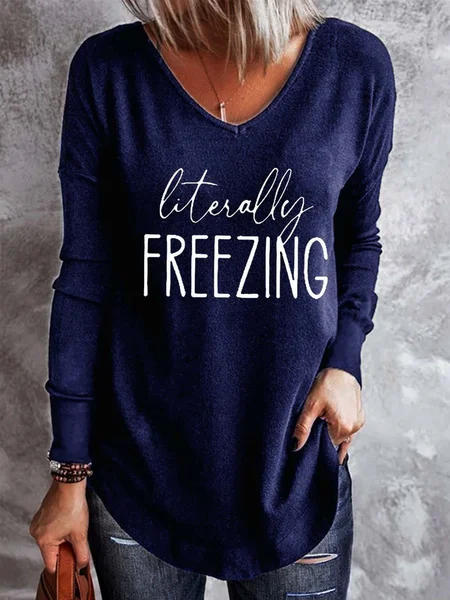 

Litesally Freezing V Neck Cotton Blends T-shirt, Purplish blue, T-shirts