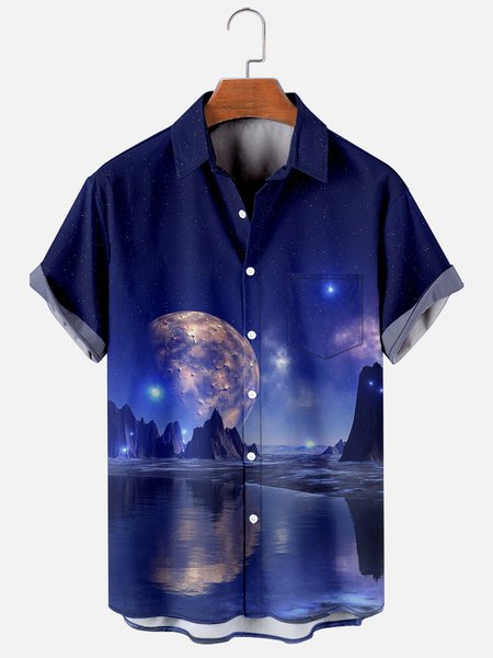 

Mens Planet View Print Casual Breathable Chest Pockets Short Sleeve Hawaiian Shirts, Blue, Men's Floral shirt