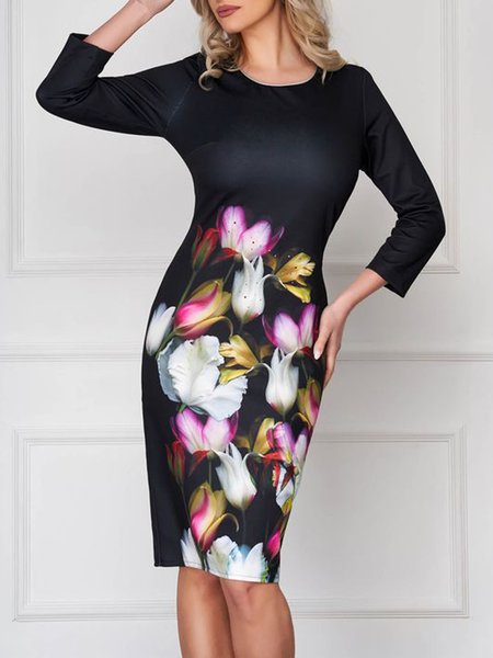 

Work Date Daily Crew Neck Slim Fit Floral Dress, Black, Mini Dresses
