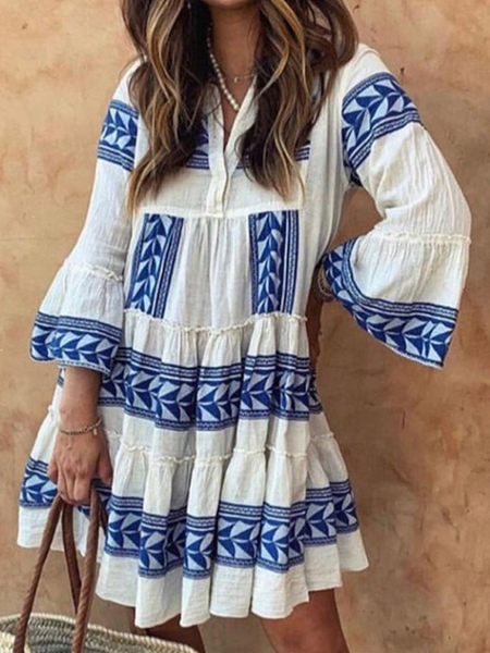 

Female printing loose Bohemian dress, Blue, Mini Dresses