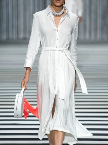 

Elegant Work Solid Formal Shirt Collar Dress, White, Midi Dresses