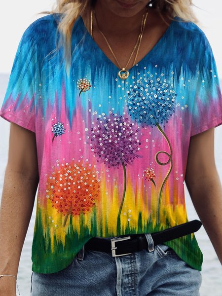 

Casual Dandelion V Neck Short Sleeve Loosen Shirts & Tops, As picture, T-Shirts