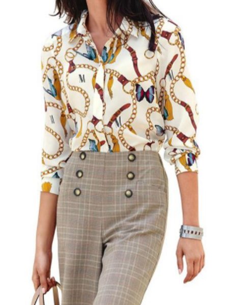 

Shirt Collar Butterfly Elegant Printed Top, As picture, Blouses and Shirts