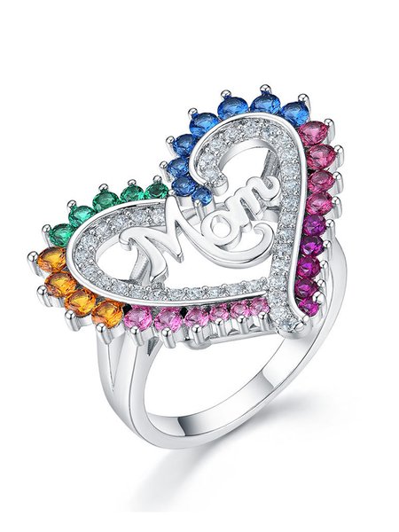 Simple Mother's Day Letter Rhinestone Heart Alloy Ring, As picture, Rings