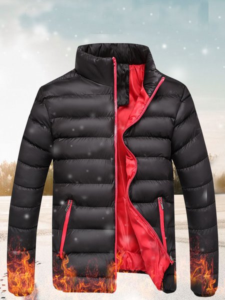 

Men's Stand Collar Zip Cotton Solid Jacket, Black, Outerwear