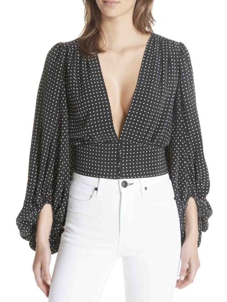 

Polka Dots V neck Elegant Top, Deep gray, Blouses and Shirts
