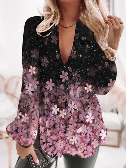 

Loosen Floral Tops, Black, Long sleeve tops
