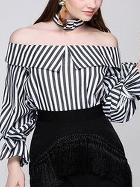 

Loosen Striped Elegant Ruffle Sleeve Shirts & Tops, Stripe, Tops