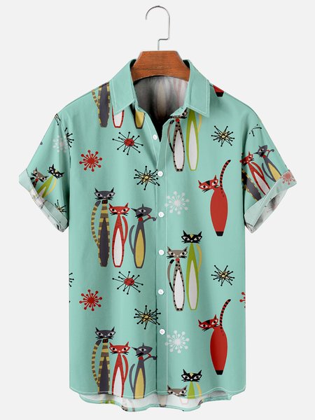 

Mens Hocus Pocus Cats Print Casual Breathable Short Sleeve Hawaiian Shirts, Blue, Shirts ＆ Blouse