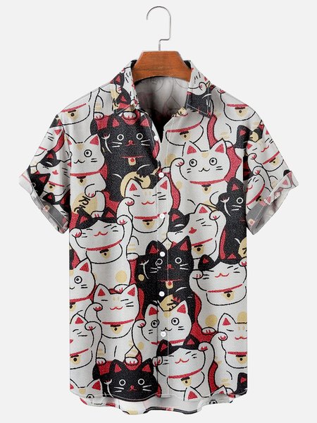 

Mens Lucky Cat Maneki Neko Print Casual Breathable Short Sleeve Hawaiian Shirts, White, Men's Floral shirt