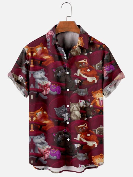 

Mens Cats are Watching Movies Casual Breathable Short Sleeve Hawaiian Shirts, Red, Men's Floral shirt